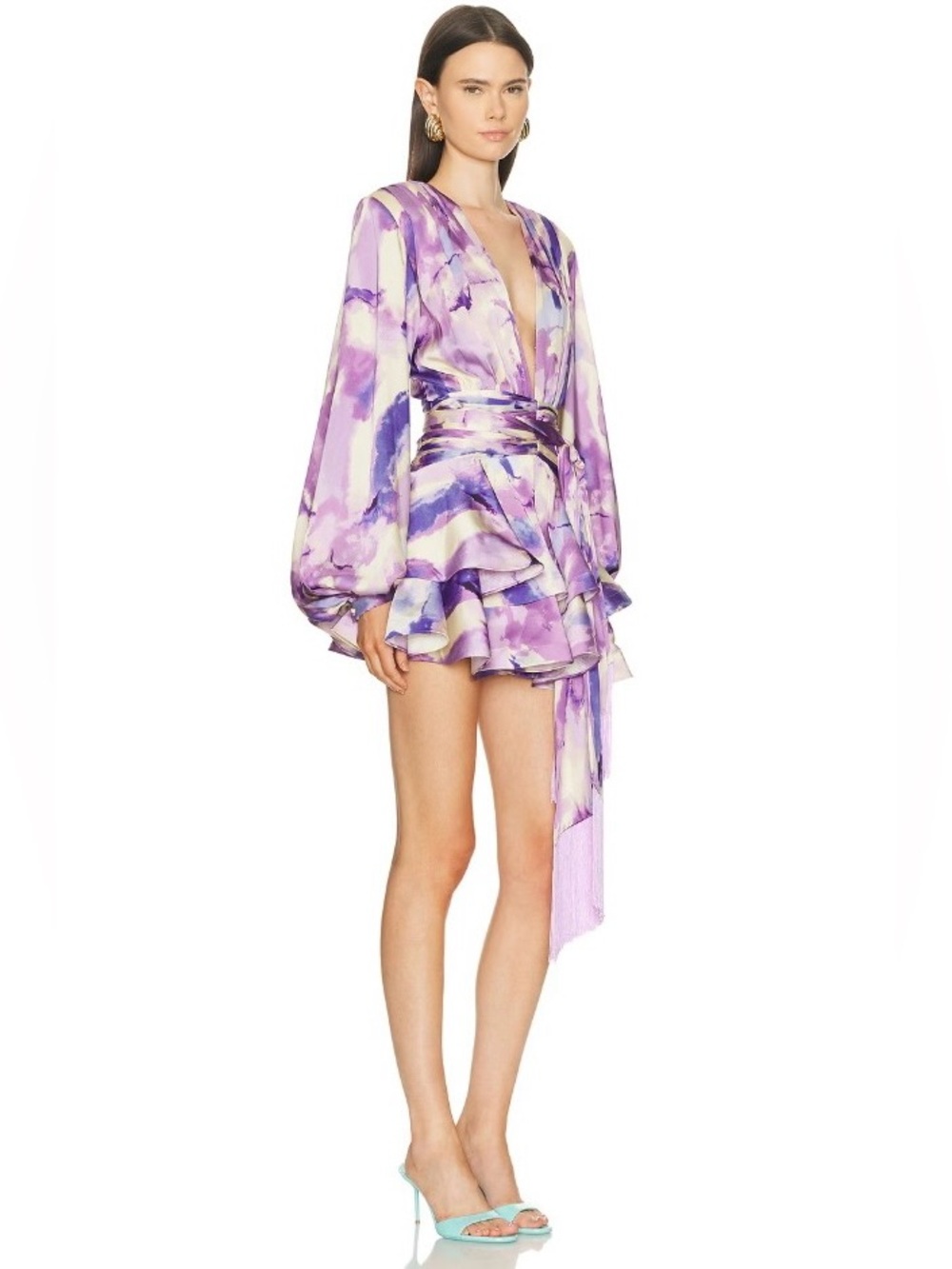 Bronx&Banco Lilac Wisteria Bedouin Satin Ruffle TasselEmbellished Mini Dress XS - Picture 9 of 17